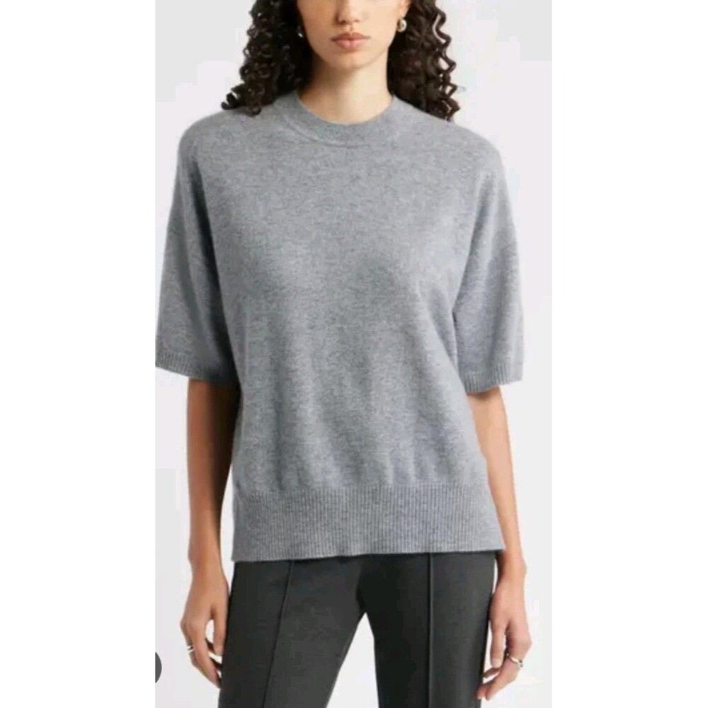Sz S/M - Nordstrom Cashmere Gray Short Sleeve Knit Sweater Women Relaxed